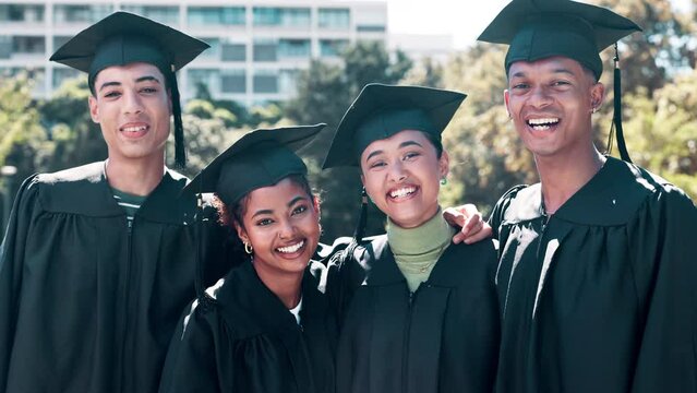 Happy people, students and graduation with friends for education, qualification or future in nature. Portrait of group or graduates with smile or hug in embrace or support at outdoor ceremony or park