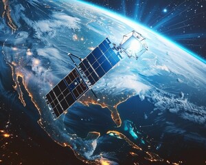 AI and satellites collaborating for improved hurricane tracking - obrazy, fototapety, plakaty