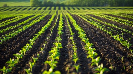 A panoramic view of a vast field filled with rows of crops all being tended to by various biofuelpowered equipment. The vibrant green hues of the plants are a stark contrast to the . - obrazy, fototapety, plakaty