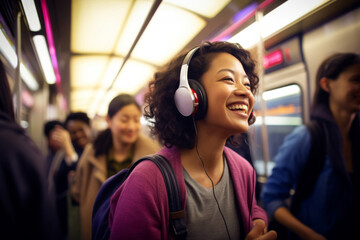 Enjoy music bliss as a smiling woman selects tracks on her cellphone, lost in the melody with...
