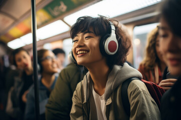 Enjoy music bliss as a smiling woman selects tracks on her cellphone, lost in the melody with headphones, a portrait of relaxation against a vibrant Tube Train backdrop. Generative AI.