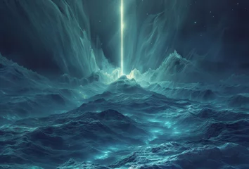 Poster Fantasy illustration of an icy mountain peak with a radiant beam of light in a starry night sky © eggeeggjiew