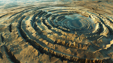 3D rendering of concentric terraced ridges in a desert landscape with a central luminescent pool - obrazy, fototapety, plakaty
