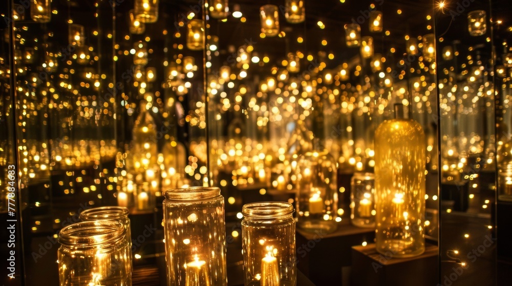 Poster stacked asymmetrically around the room are a series of glass jars each one containing a different si