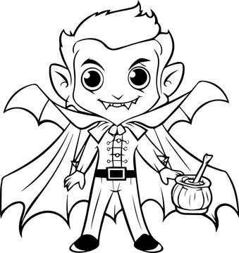 A cartoon vampire is holding a pumpkin and a cup