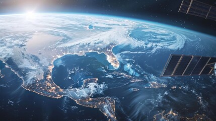 AI-powered satellite orbiting Earth enhancing global weather forecasts - obrazy, fototapety, plakaty
