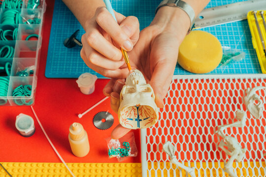 Craftswoman painting miniature toy.