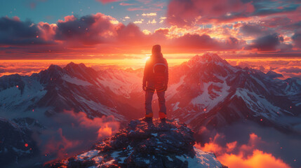 Man on the top of the mountain looks at the beautiful landscape of the mountains. Climbing...