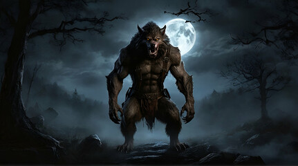 Large werewolf hunting under the full moon digital art.generative.ai