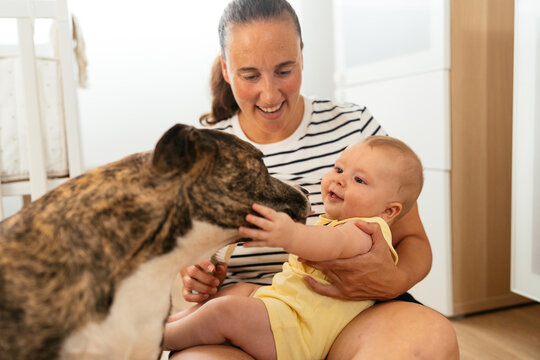 Happy mother sitting with kid and pet dog
