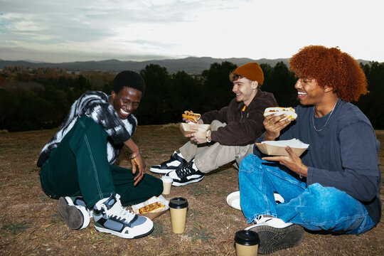 Happy diverse friends having picnic in nature ugc