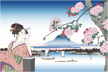 浮世絵　歌川広重と喜多川歌麿のタバコを吸う女と隅田川水神の森真崎のイメージイラスト1