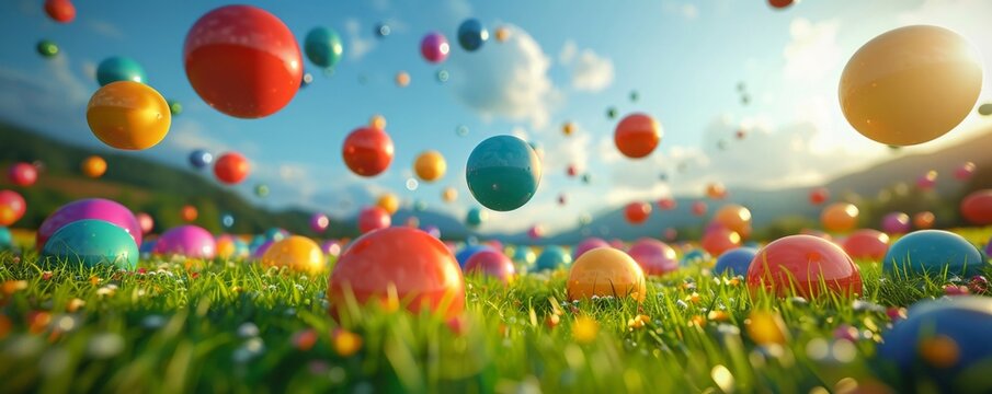 A collection of anti-gravity balls floating mid-air above a lush green field, showcasing vivid colors The balls appear weightless and futuristic, capturing the essence of defying gravity Style