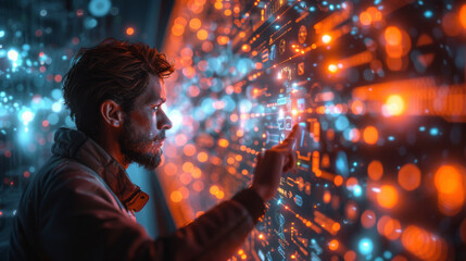 Man technology future lifestyle, digital marketing IOT internet of thing future AI chatbot technology smart device social network, VPN cybersecurity internet futuristic metaverse NFT background.