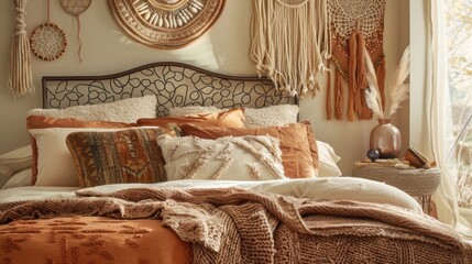 A bedroom filled with soft textured blankets and pillows in earthy tones of rust ochre and sienna. An intricate metal headboard with a patina finish serves as the focal point of the .