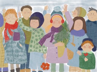 
people ride on a tram at Christmas