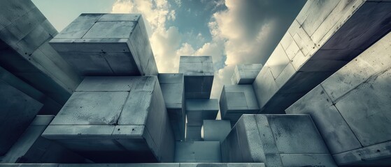 Dark concrete cubes chaitc architecture background with sky. 3d render illustration