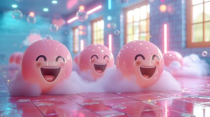 Obraz premium Happy and laughing emoticons 3d rendering background, social media and communications concept