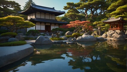 Naklejka premium A clear pond surrounded by trees and rocks with a Japanese temple