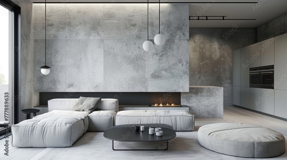 Poster in the living room the light grey concrete fireplace stands out as a focal point effortlessly mergin