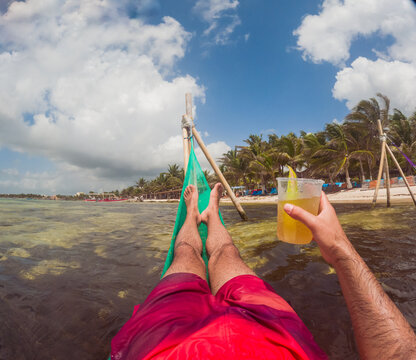 POV Man Legs On A Tropical Turquoise Water Beach.