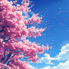 Fototapeta na wymiar Landscape featuring a school with anime-style illustrations and cherry blossoms in full bloom.