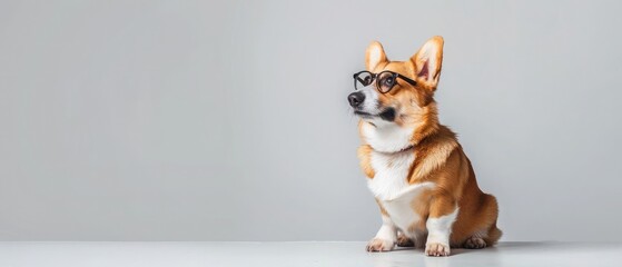 Adorable cute Welsh Corgi Pembroke wearing glasses sitting on white background and looking at side. Most popular breed of Dog - obrazy, fototapety, plakaty