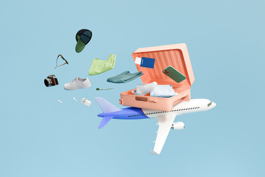 Travel and vacation concept. Luggage suitcase on airplane. 
