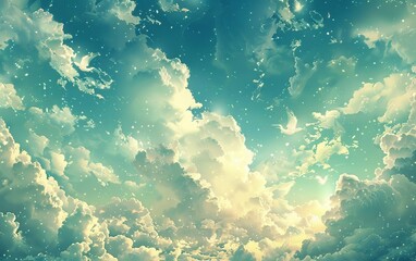 Fototapeta na wymiar Vibrant and whimsical watercolor illustration background of colorful clouds and sky.