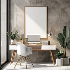 Mockup poster frame in modern home office interior background, 3d render