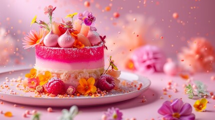 A pink cake with pink frosting and pink flowers on top