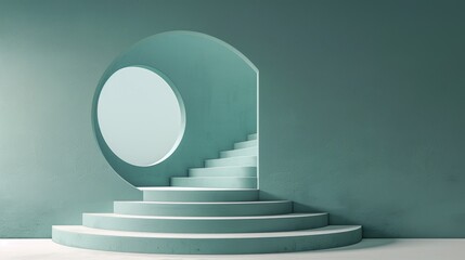 A green room with a white staircase leading up to a window. The staircase is made of white marble and is very tall