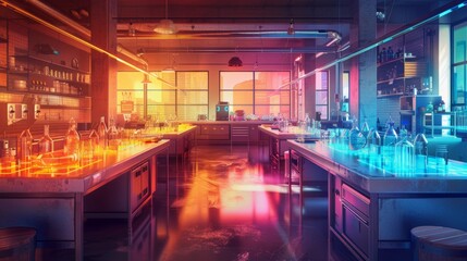 A colorful, neon-lit room with many counters and shelves. The room is filled with various bottles...