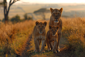 lion cub in the savannah - obrazy, fototapety, plakaty