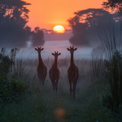 giraffes at sunset - obrazy, fototapety, plakaty