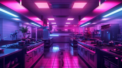 A neon kitchen with bright lights and a neon green plant. The kitchen is full of appliances and...
