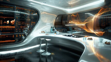 A futuristic office with a lot of technology and a lot of orange