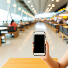 Obraz premium Woman Using Smartphone in Airport Cafe