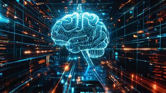 Glowing brain hologram symbolizing AI. AI brain interface in virtual environment. Futuristic machine learning