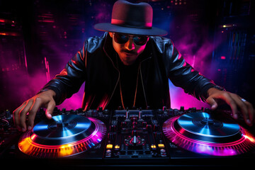 DJ plays of energetic and rhythmic music in dynamic and futuristic atmosphere with neon lights