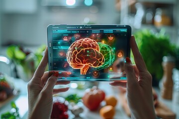A woman is holding a tablet with a brain image on it. The image is colorful and has a futuristic feel to it