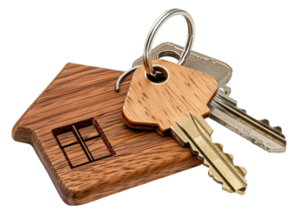 A wooden key with a house on it sits on top of a silver key, cut out - stock png.