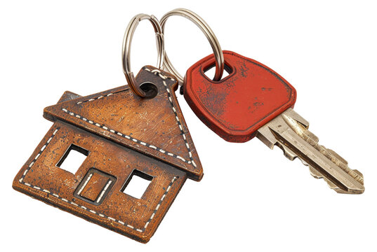 A key and a house keychain are shown together - stock png.