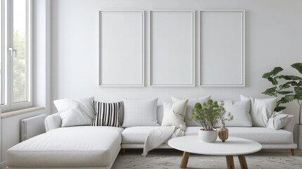 Mockup frame in interior background, room in light white colors, Scandi-Boho style, 3d render