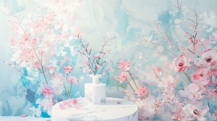 With a nod to impressionist paintings this podium boasts a dreamy backdrop of watercolor florals complementing the delicate and whimsical . . - obrazy, fototapety, plakaty