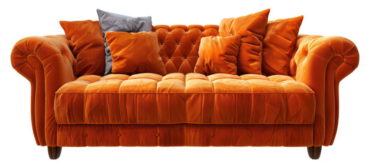 A large orange couch with pillows on it, cut out - stock png.