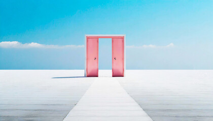 水平線まで続く白い床と青い空の中にピンク色の扉が一つ立っているイメージ素材　生成AI - obrazy, fototapety, plakaty
