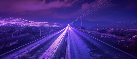 Fototapeta na wymiar deserted road with purple spotlights that exude dynamism and speed.