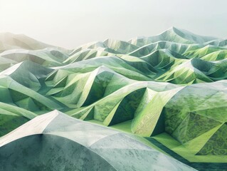 A 3D rendering of a geometric landscape with rolling hills and valleys formed from triangular facets - obrazy, fototapety, plakaty