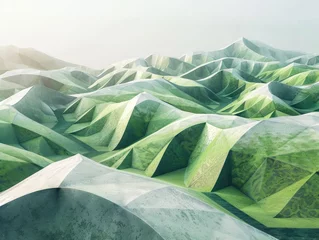 Sierkussen A 3D rendering of a geometric landscape with rolling hills and valleys formed from triangular facets © AI Farm